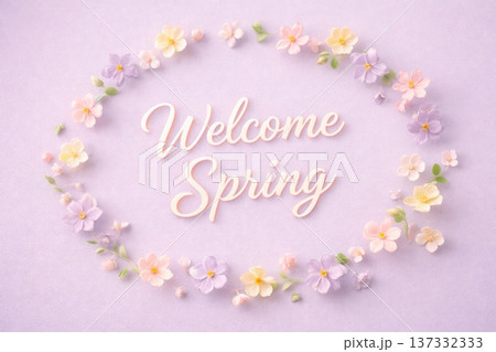 Welcome spring floral wreath with pastel flowers decorative seasonal greeting design 137332333