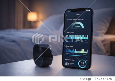 Smartphone and wearable tracker showing sleep analysis and health data on bedside table Smartphone and wearable tracker showing sleep analysis and health data on bedside table 137332420