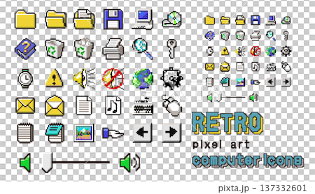 Retro pixel art computer icon set: folder, save, mail, volume, arrow 137332601