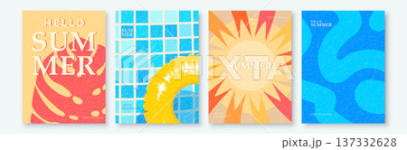 Summer abstract vector backgrounds with swimming pool, sun, monstera leaf, water pattern. Hello Summer banner templates for social media, travel, vacation marketing. Minimal modern texture flat design 137332628