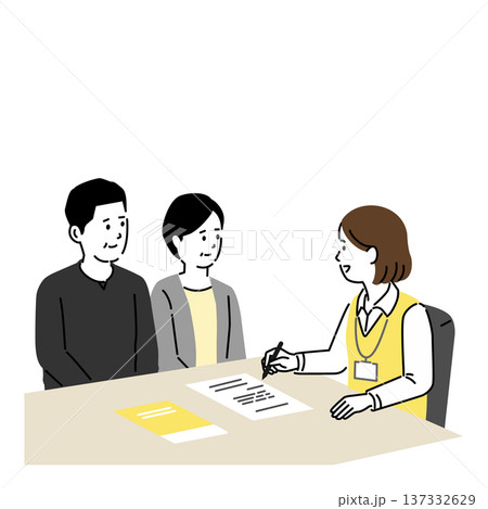 介護サービスの相談をする中年共働き夫婦のイラスト。ケアマネジャーの面談 書類説明と申込手続き 137332629