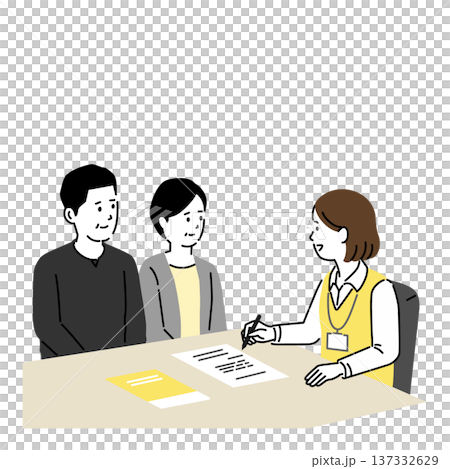 介護サービスの相談をする中年共働き夫婦のイラスト。ケアマネジャーの面談 書類説明と申込手続き 137332629