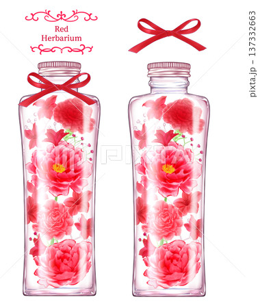 縦長のガラス瓶に入った赤い花のハーバリウムのイラスト 137332663