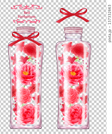 縦長のガラス瓶に入った赤い花のハーバリウムのイラスト 137332663