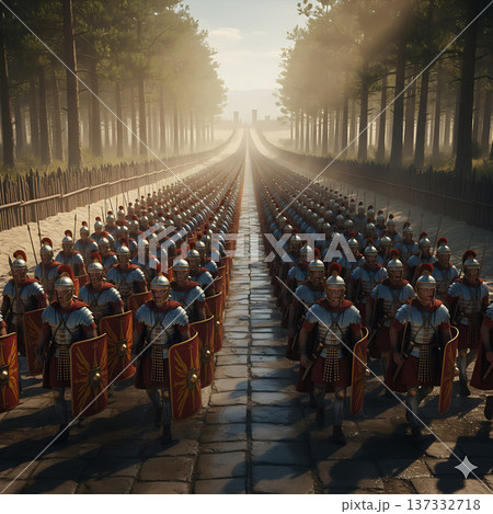 古代ローマ軍団が隊列を組んで行進する歴史シーン 137332718