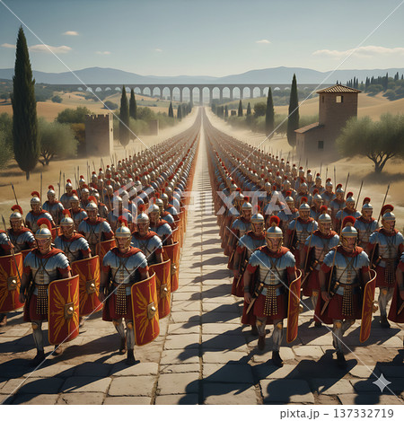 古代ローマ軍団が隊列を組んで行進する歴史シーン 137332719