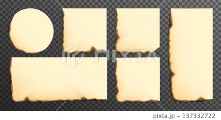 Old paper with burnt corner, fired edge of aged book sheet. Tear texture effect, round heart frame or square page with fiery border. Beige ripped ashed parchment, realistic heat damaged note blank Old paper with burnt corner, fired edge of aged book sheet. Tear texture effect, round heart frame or square page with fiery border. Beige ripped ashed parchment, realistic heat damaged note blank 137332722