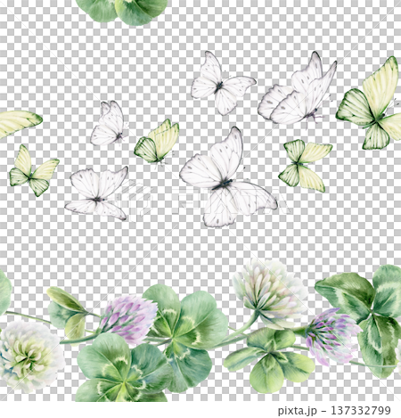 Seamless pattern of shamrocks and four leaves clover,lilac and white flowers,butterflies.Watercolor ilustration,symbolizing luck and new beginnings,for wedding,bridal party decor,romantic celebrations Seamless pattern of shamrocks and four leaves clover,lilac and white flowers,butterflies.Watercolor ilustration,symbolizing luck and new beginnings,for wedding,bridal party decor,romantic celebrations 137332799