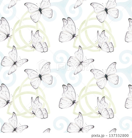 Light green Celtic Trinity Knot unity,Triskele Celtic symbol with white butterfly in seamless pattern,representing ancestral spirits and connection.Watercolor for cultural projects,heritage themes Light green Celtic Trinity Knot unity,Triskele Celtic symbol with white butterfly in seamless pattern,representing ancestral spirits and connection.Watercolor for cultural projects,heritage themes 137332800