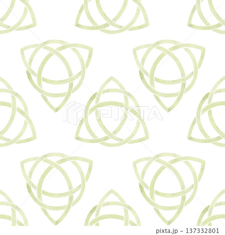 Green celtic Trinity Knot within a circle,in a single watercolor tone with paper texture in seamless pattern.Symbolic St.Patricks Day emblem for Irish heritage branding,national,cultural art projects Green celtic Trinity Knot within a circle,in a single watercolor tone with paper texture in seamless pattern.Symbolic St.Patricks Day emblem for Irish heritage branding,national,cultural art projects 137332801