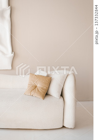 Minimalist White Boucle Sofa in Beige Room Minimalist White Boucle Sofa in Beige Room 137332844