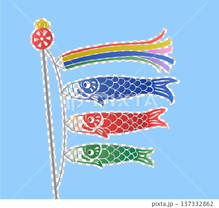 切り絵・手ぬぐい風の青空を泳ぐ鯉のぼりのイラスト 137332862