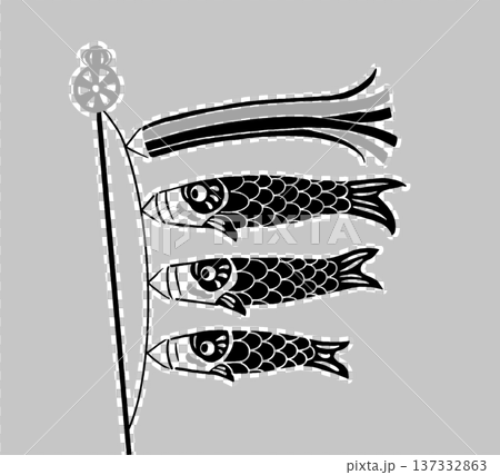 A monochrome illustration of a carp streamer swimming in the sky in a paper-cutting style 137332863
