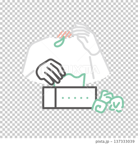 簡單的插圖，描繪了一個人用紙巾擦拭因花粉熱流鼻涕而流鼻涕的情景。向量圖。 137333039