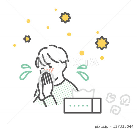 シンプル　イラスト　花粉症で鼻をかむ子供とティッシュのイメージ ベクターイラスト 137333044
