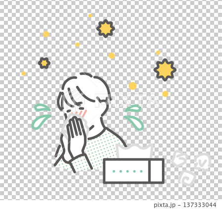 シンプル　イラスト　花粉症で鼻をかむ子供とティッシュのイメージ ベクターイラスト 137333044