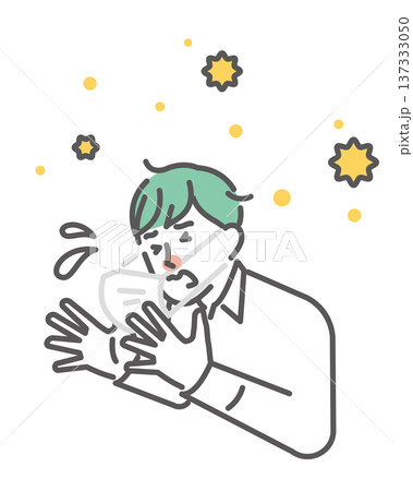 シンプル　イラスト　花粉症でくしゃみをするマスク姿の日本人男性のイメージ ベクターイラスト 137333050