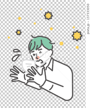シンプル　イラスト　花粉症でくしゃみをするマスク姿の日本人男性のイメージ ベクターイラスト 137333050
