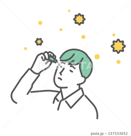 シンプル　イラスト　花粉症で目薬をさす男性と飛散する花粉のイメージ ベクターイラスト 137333052
