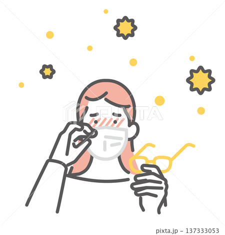 シンプル　イラスト　花粉症で目がかゆい日本人女性と花粉対策メガネのイメージ ベクターイラスト 137333053