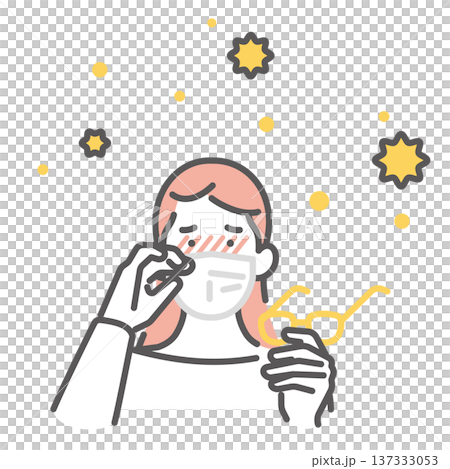 シンプル　イラスト　花粉症で目がかゆい日本人女性と花粉対策メガネのイメージ ベクターイラスト 137333053