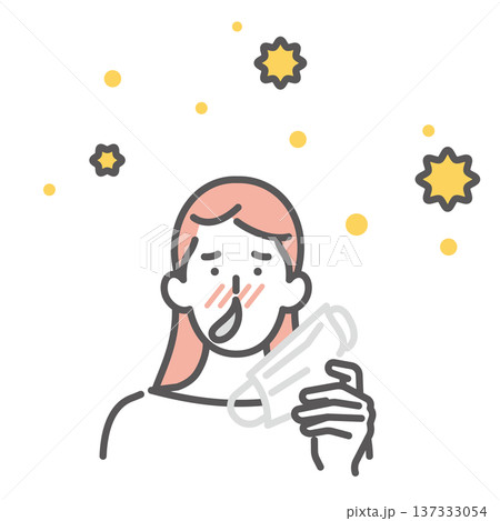 シンプル　イラスト　花粉症で鼻水が出る日本人女性とマスクのイメージ ベクターイラスト 137333054