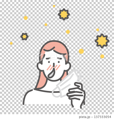 シンプル　イラスト　花粉症で鼻水が出る日本人女性とマスクのイメージ ベクターイラスト 137333054