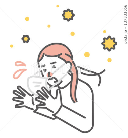 シンプル　イラスト　花粉症でくしゃみをしてマスクが吹き飛ぶ日本人女性のイメージ ベクターイラスト 137333056
