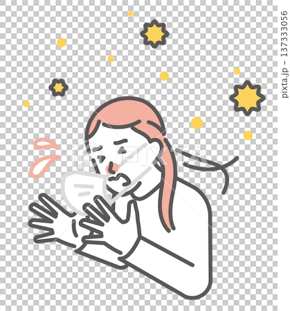 シンプル　イラスト　花粉症でくしゃみをしてマスクが吹き飛ぶ日本人女性のイメージ ベクターイラスト 137333056