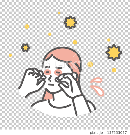 一幅簡單的插圖,描繪了一位日本女性因花粉症而揉搓發癢的眼睛。向量圖。 一幅簡單的插圖,描繪了一位日本女性因花粉症而揉搓發癢的眼睛。向量圖。 137333057