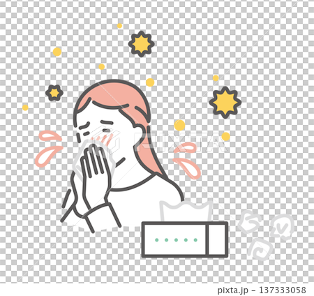 一幅簡單的插圖，描繪了一位日本女性因花粉症而擤鼻涕的情景。向量圖。 137333058