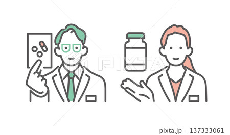 シンプル　イラスト　薬局で薬の説明をする薬剤師の男女のイメージ ベクターイラスト 137333061