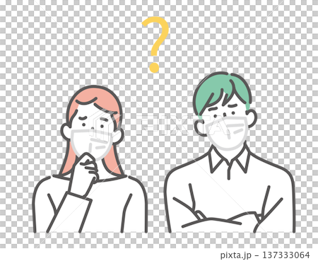 一幅簡單的插圖，描繪了一對日本男女出現花粉症症狀，並懷疑病因的情景。向量圖。 137333064