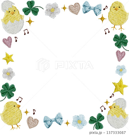 【幸せ気分ひよこの四角フレーム】手刺繍イラスト素材 137333087