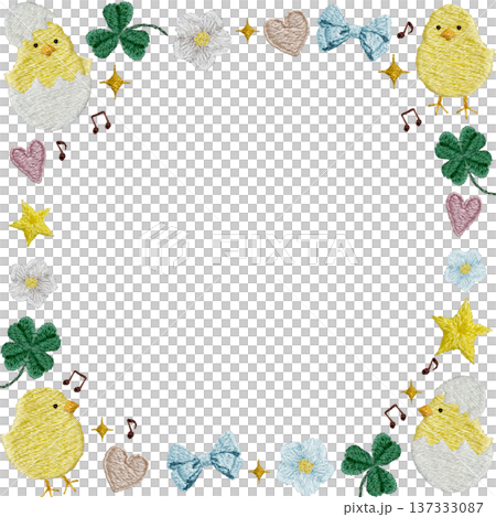 【幸せ気分ひよこの四角フレーム】手刺繍イラスト素材 137333087
