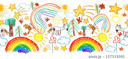 Cute kid doodle pattern. Seamless background with children's drawings. Hand drawn. Not AI, vector illustration. Cute kid doodle pattern. Seamless background with children's drawings. Hand drawn. Not AI, vector illustration. 137333091