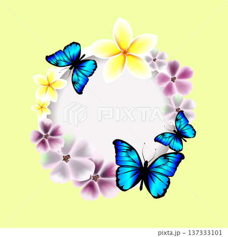 Round frame with pink flowers and butterflies. Hello spring. Hand drawn. Not AI, vector illustration. 137333101
