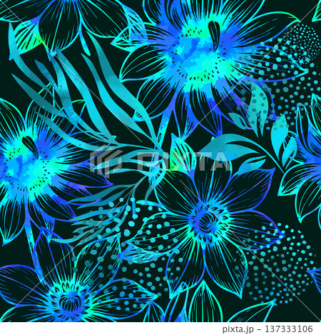 Seamless background with blue neon flowers. Hand drawn. Not AI, vector illustration 137333106