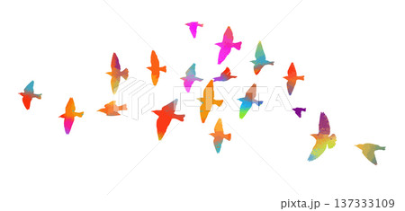 Flying birds colored silhouette flock. hand drawing. Not AI. Vector illustration Flying birds colored silhouette flock. hand drawing. Not AI. Vector illustration 137333109