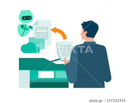 紙文書をスキャンしAIがクラウドへ自動仕分けする男性 紙文書をスキャンしAIがクラウドへ自動仕分けする男性 137333341