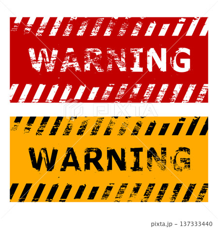 Grunge warning banners with red and yellow caution stripes, industrial safety signs and distressed texture. 137333440