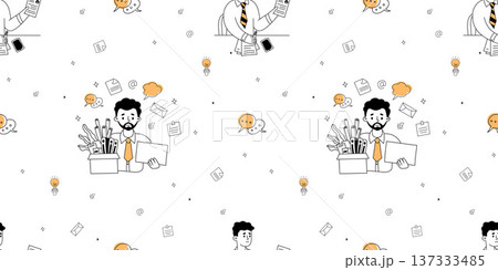 Firing and New Job Seamless Pattern. Bearded Man Holding Box on White Background with Office Icons. Human Resources and Career Change. Outline Doodle. Vector Horizontal Illustration 137333485