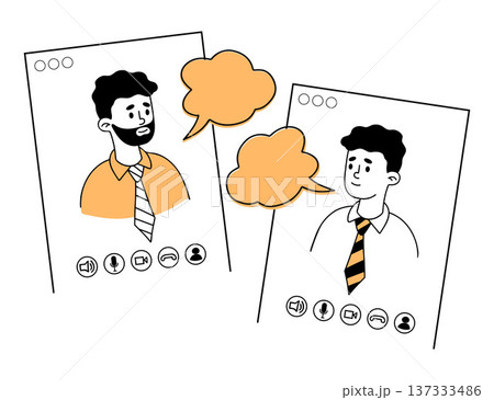 Business Video Meeting. Men Characters in Browser Windows and Orange Speech Bubbles. Male tea. Isolated Outline hand-drawn. Vector illustration Business Video Meeting. Men Characters in Browser Windows and Orange Speech Bubbles. Male tea. Isolated Outline hand-drawn. Vector illustration 137333486