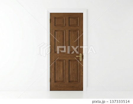 Classic six-panel wooden interior door with golden doorknob, set in a clean white wall. Classic six-panel wooden interior door with golden doorknob, set in a clean white wall. 137333514