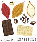 カカオの実 カカオ豆 カカオの断面 加工品のチョコレートなどのベクターイラストセット リノカット風 137333818