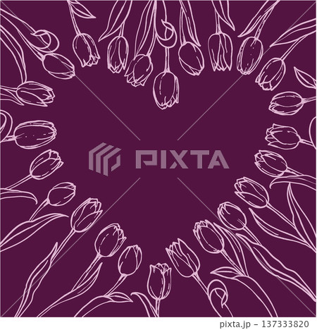 pink flowers tulips on a dark red background, heart frame, vector illustration 137333820