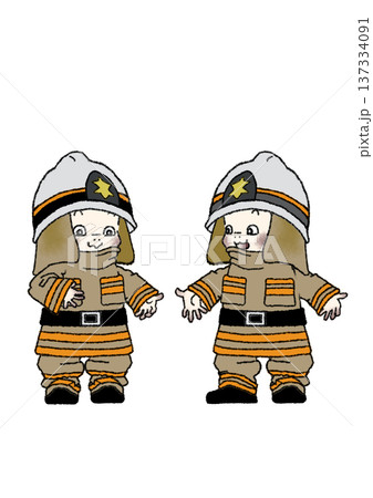 消防士の職業体験で制服を着て喜んでいる子供の全身イラスト 137334091