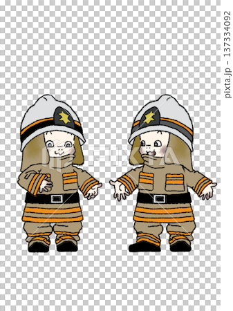 一名兒童身穿消防員制服體驗消防員工作，全身照，笑容燦爛（透明背景）。 137334092