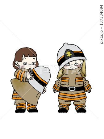 消防士の職業体験でダボダボの制服がずれてしまっている子供のコミカルな全身イラスト(背景透過) 消防士の職業体験でダボダボの制服がずれてしまっている子供のコミカルな全身イラスト(背景透過) 137334094