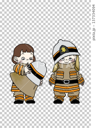 消防士の職業体験でダボダボの制服がずれてしまっている子供のコミカルな全身イラスト(背景透過) 消防士の職業体験でダボダボの制服がずれてしまっている子供のコミカルな全身イラスト(背景透過) 137334094